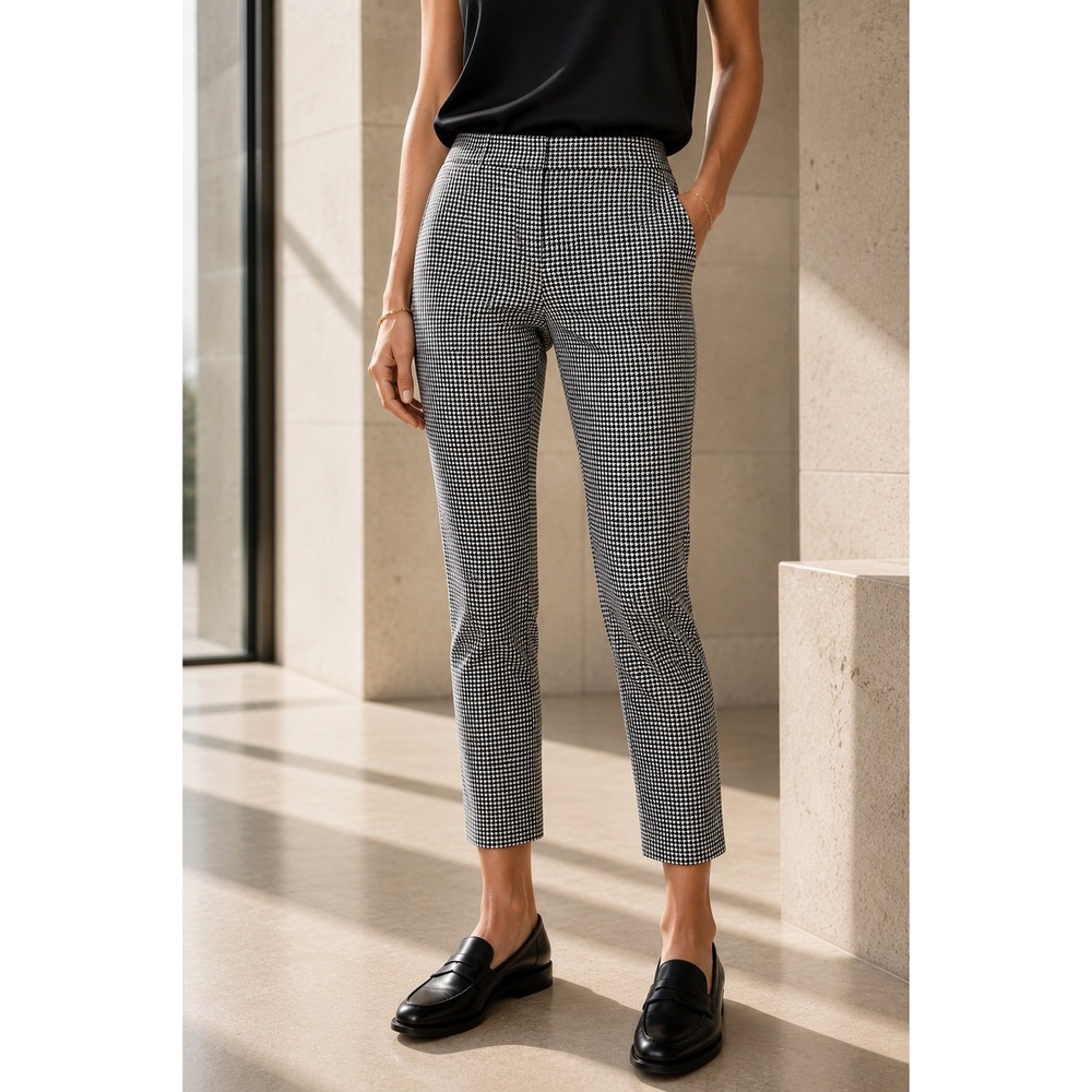 Theory Classic Skinny Houndstooth Stretch Crop Ankle Pants Black White 0